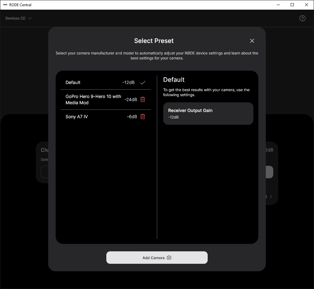 Wireless GO II camera preset settings on RØDE Central